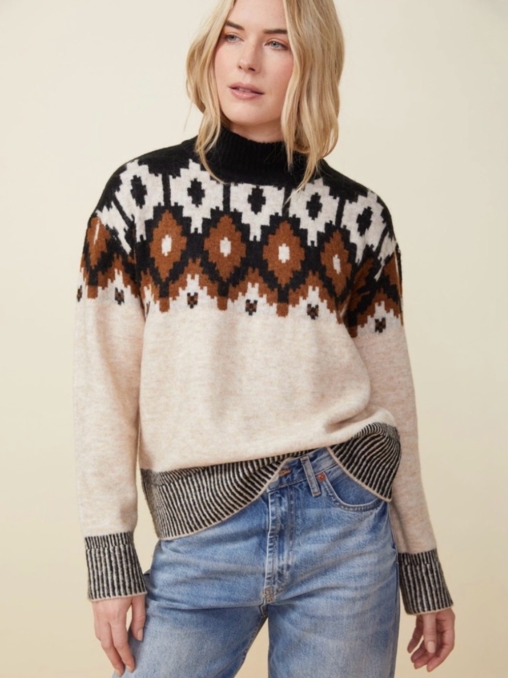 Monrow Women’s Wool/Alpaca Fair Isle Mock Neck Sweater Size Medium